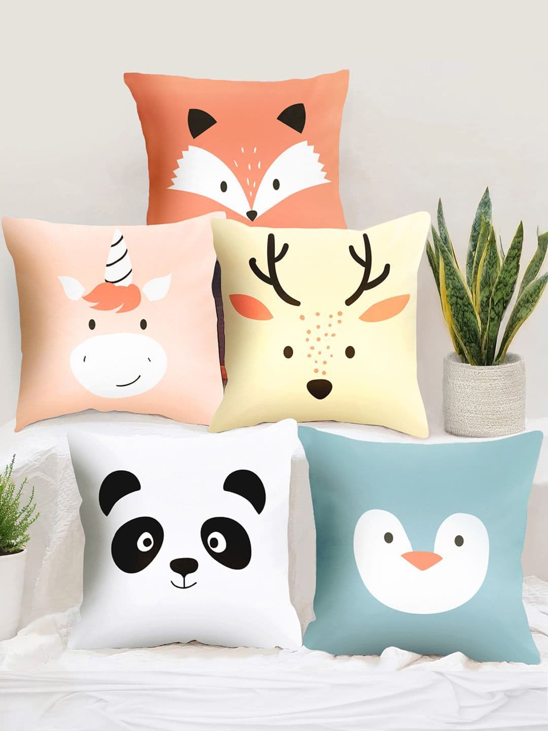 Story@home White & Blue Set of 5 Cartoon Characters Square Cushion Covers - view 1
