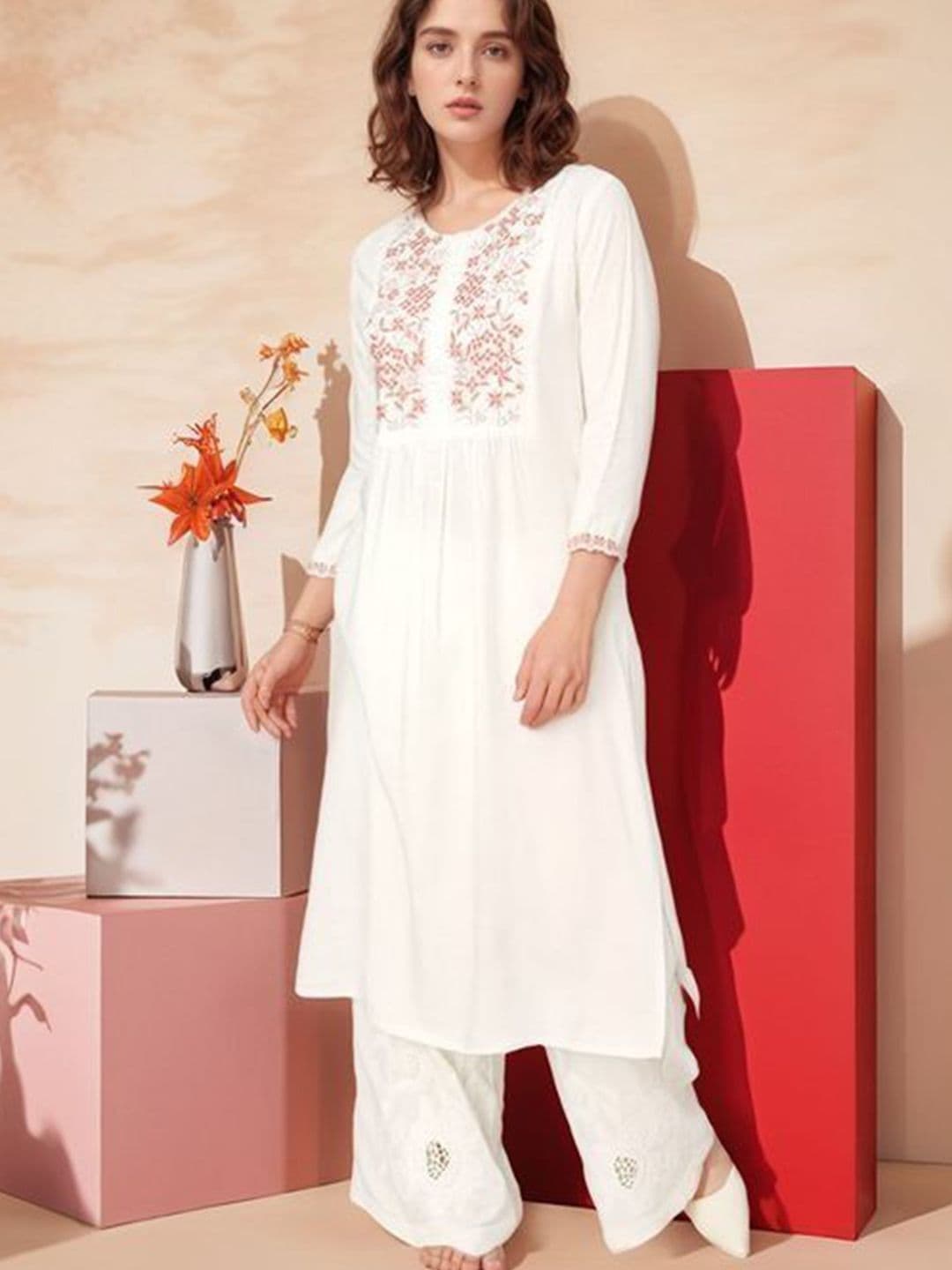 HERE&NOW Floral Embroidered Round Neck A-Line Kurta - view 1