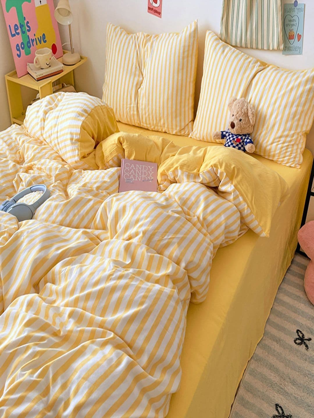 JC HOME Yellow Striped Polycotton 3 Piece Single Regular Bedding Set - view 1