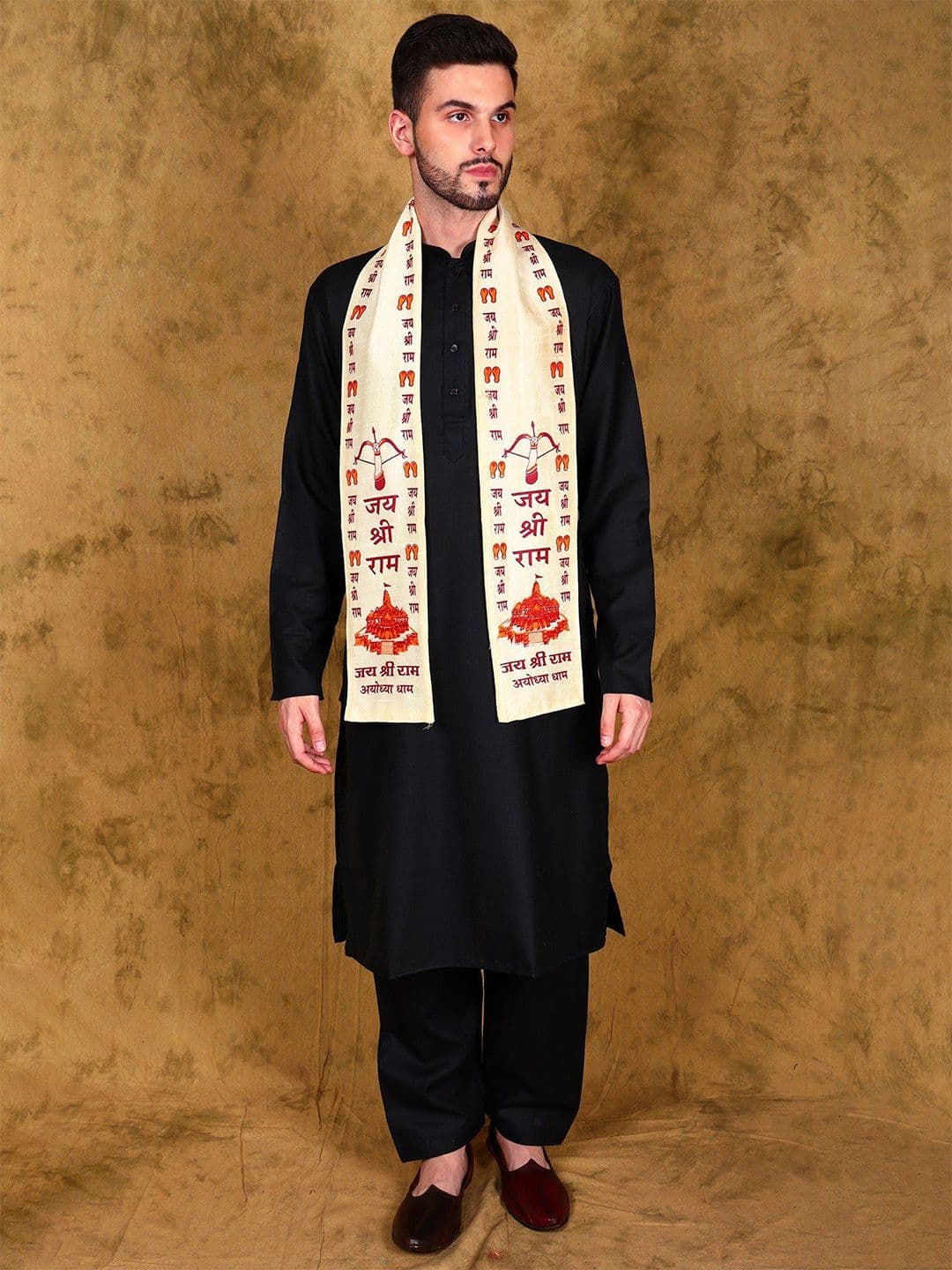 Exotic India Unisex Pearled-Ivory Sanatan Prayer Printed Wool Scarf - view 1