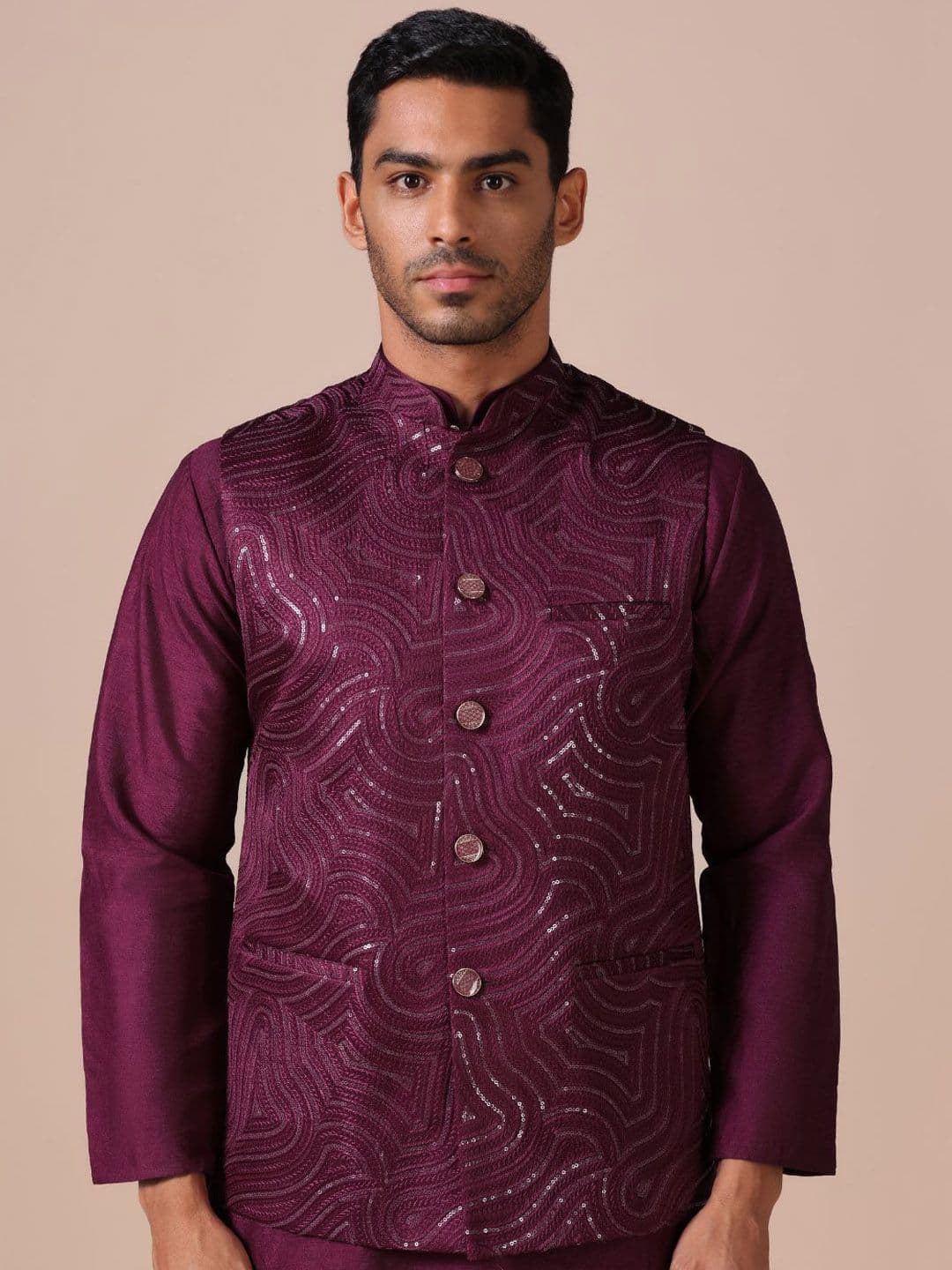 TAHVO Embroidered Mandarin Collar Neck Woven Nehru Jacket - view 1