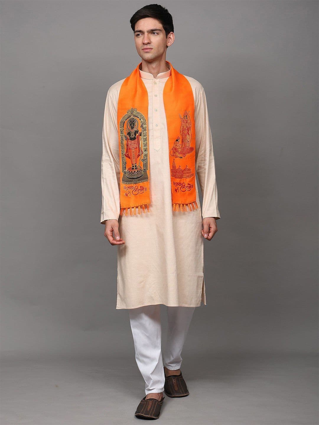 Exotic India Sanatan Prayer Bhagwa Scarf With Woven Bhagawan Ram With Bhakta Hanuman - view 1