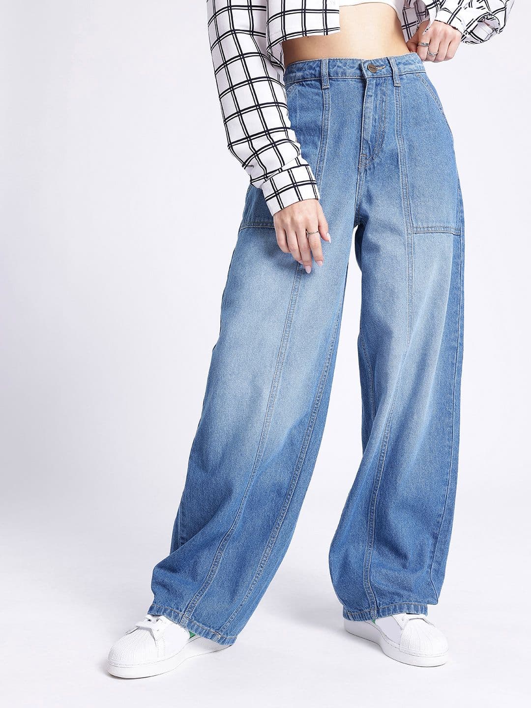 glitchez Women Panelled Baggy High-Rise Heavy Fade Jeans - view 1