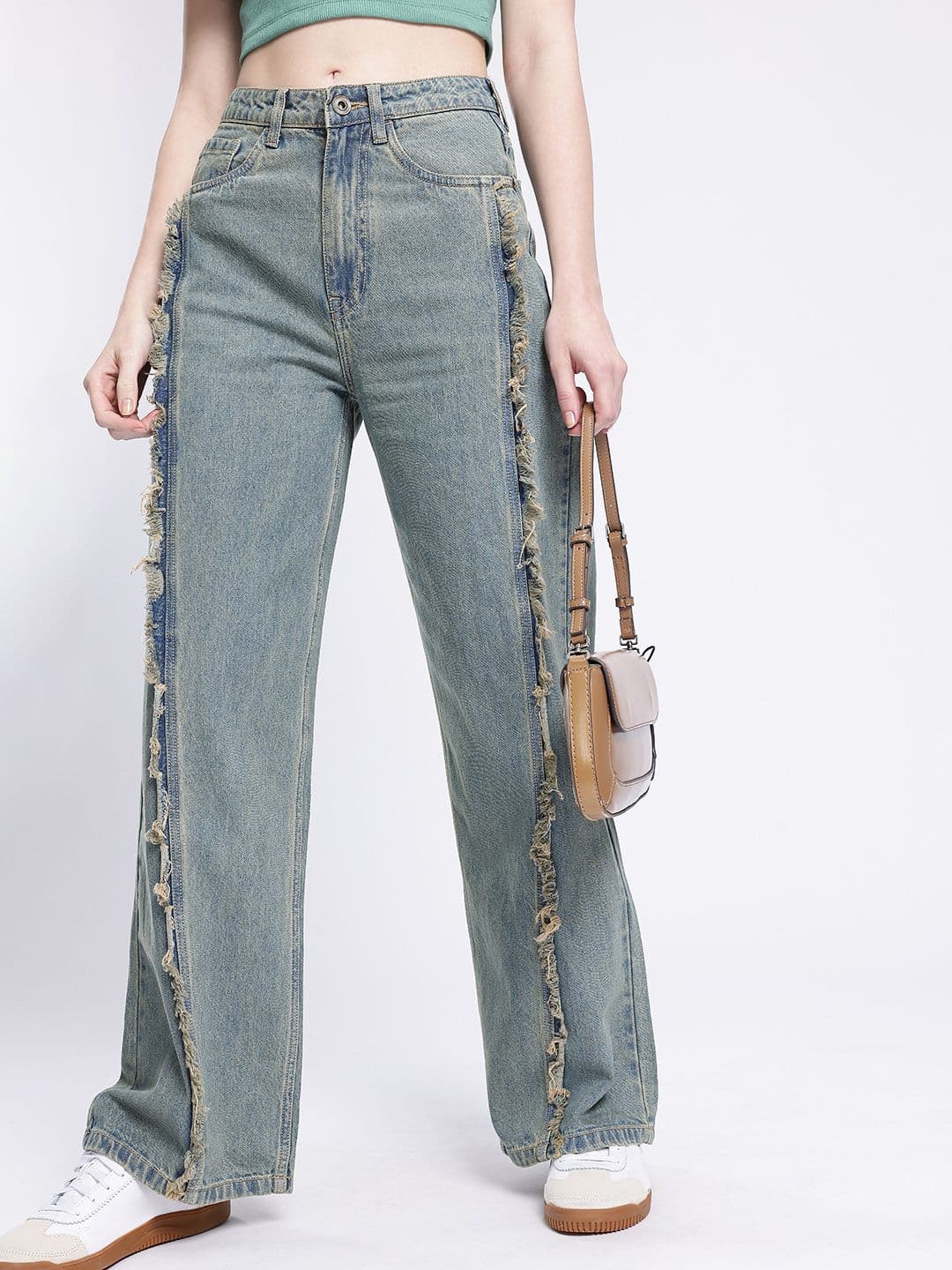 glitchez Women Baggy Wide Leg High-Rise Frayed Light Fade Jeans - view 1