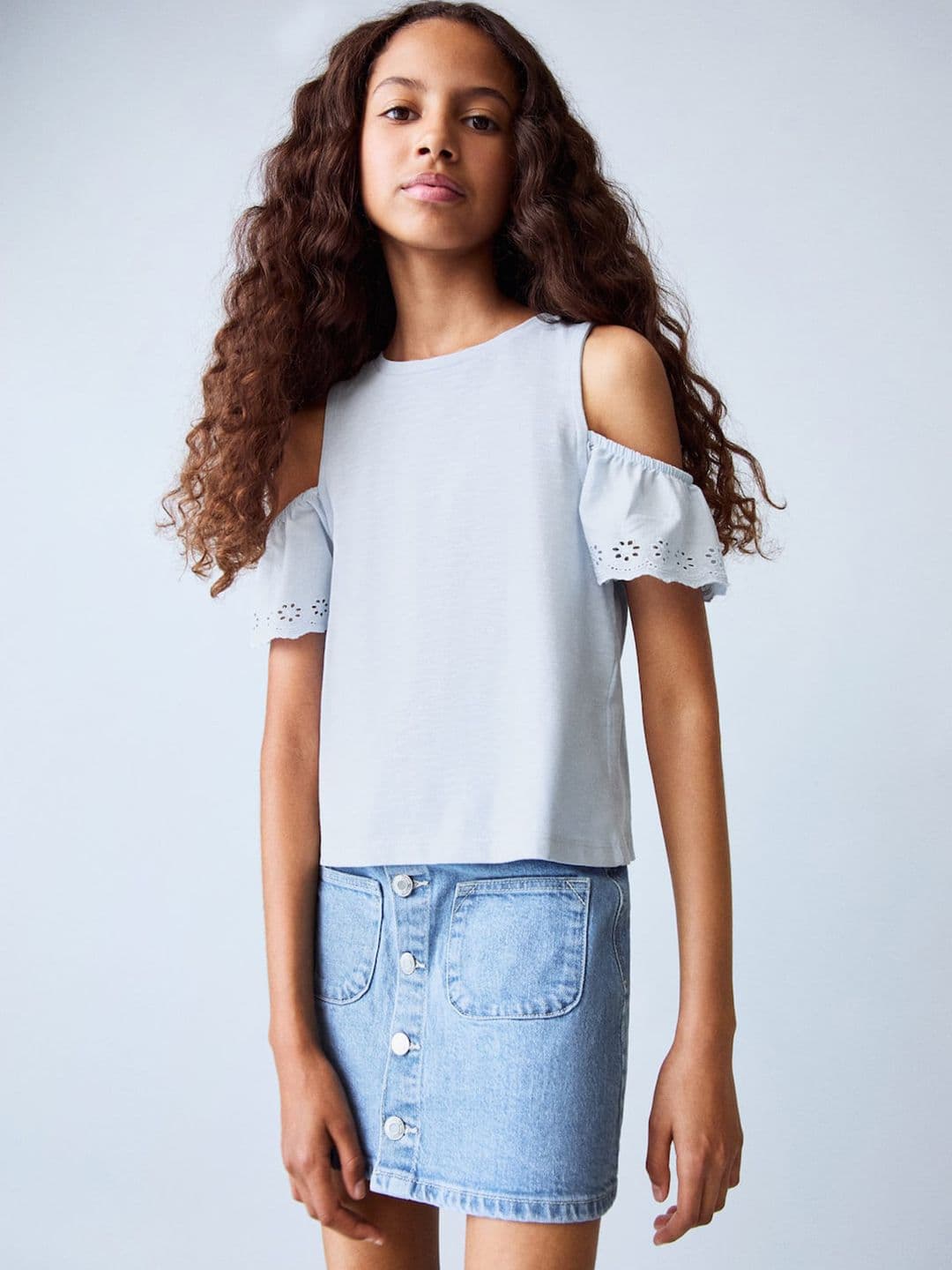 Mango Kids Girls Cold-Shoulder Sleeves Pure Cotton Top - view 1