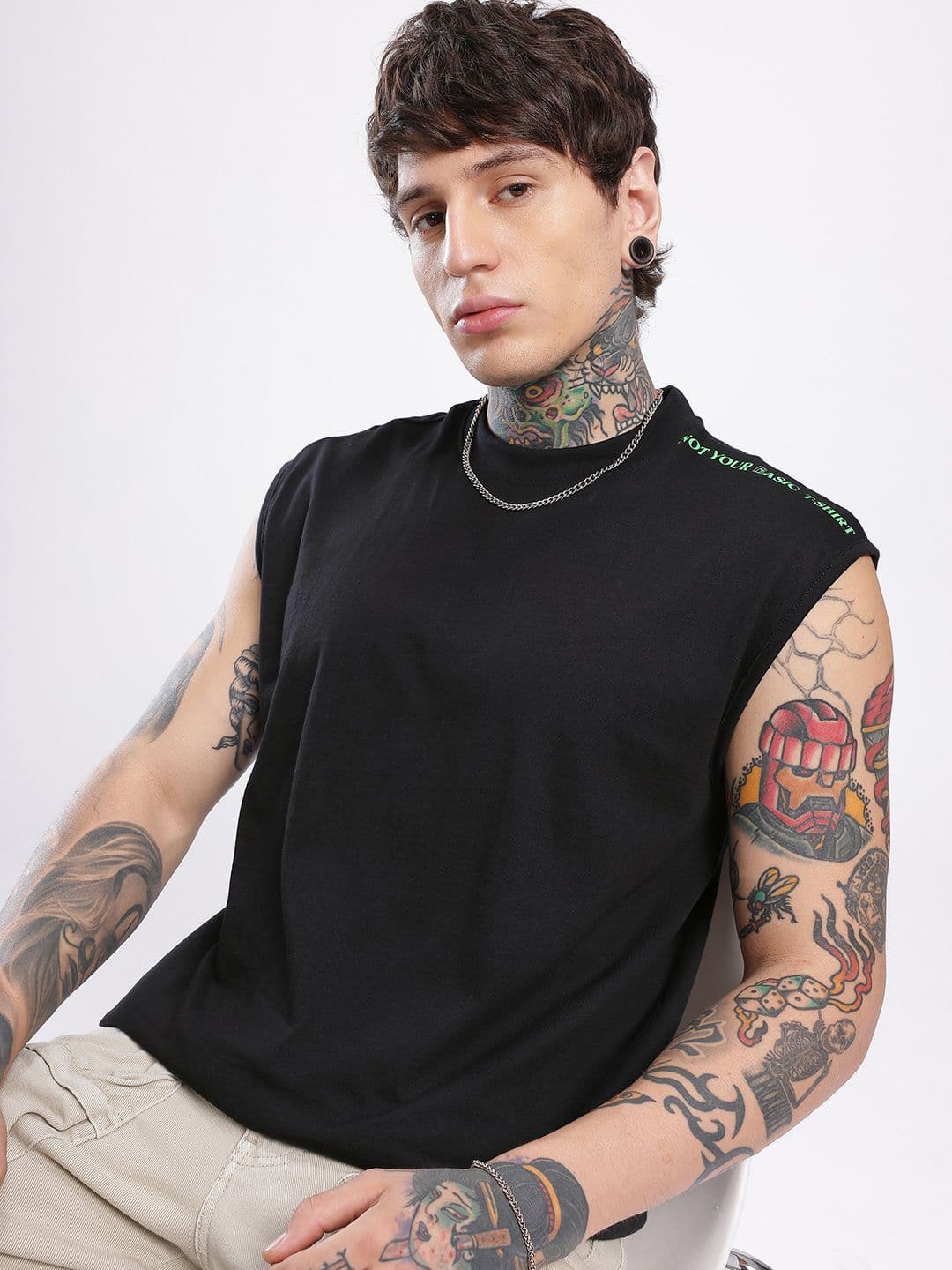 glitchez Oversized Fit Sleeveless Typography Printed T-shirt - view 1