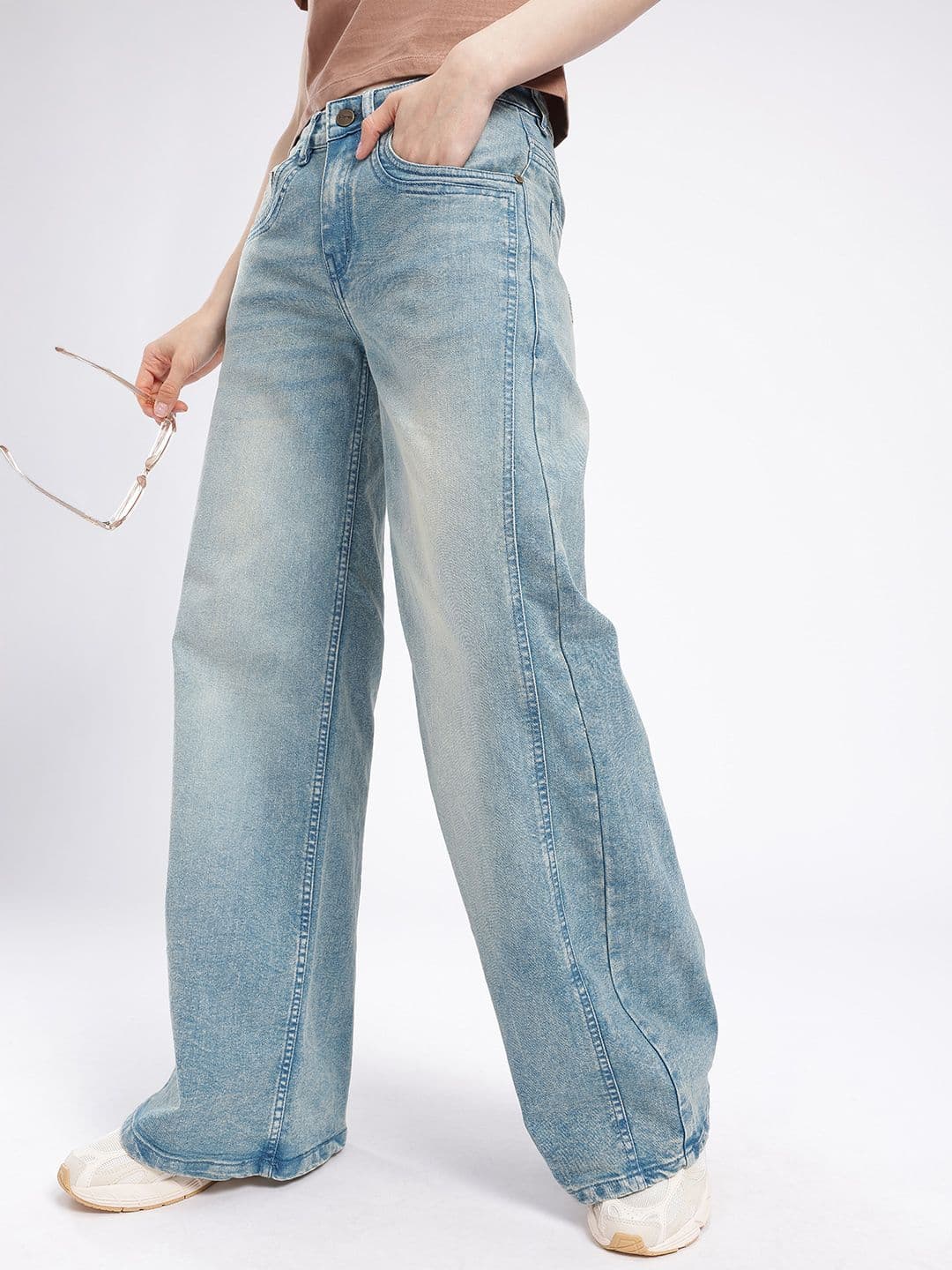 glitchez Women Wide Leg Light Faded Stretchable Jeans - view 1