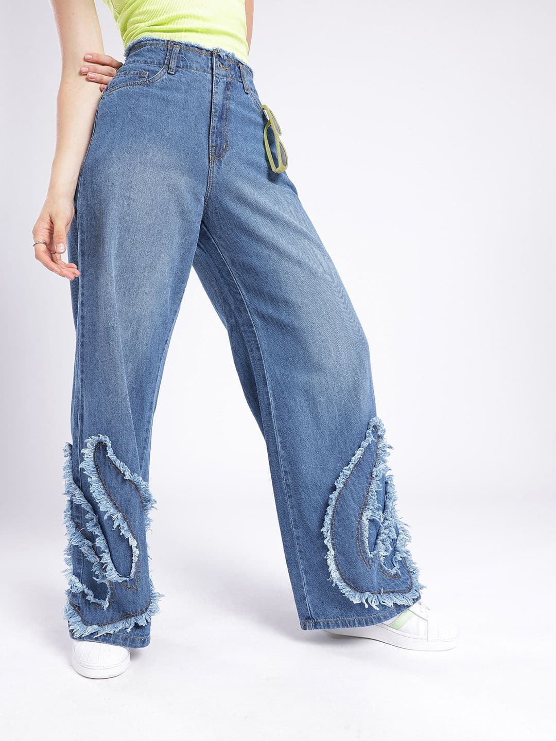 glitchez Women Wide Leg Wide Leg Light Faded Frayed Jeans - view 1