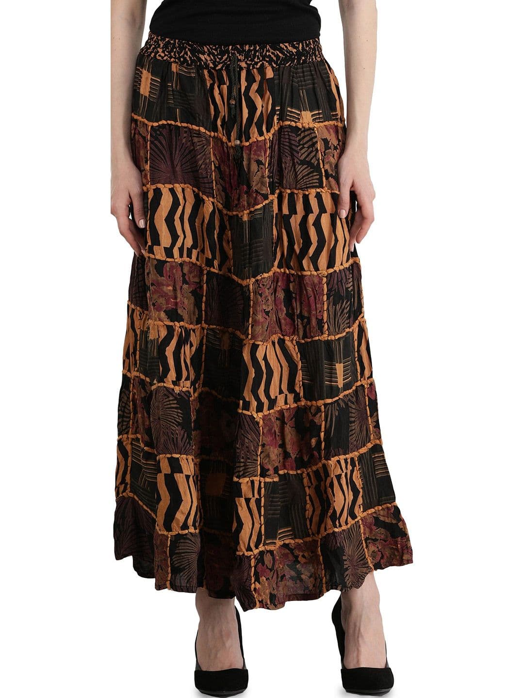 Exotic India Long Printed Dori Skirt From Gujarat With Patch Work - view 1