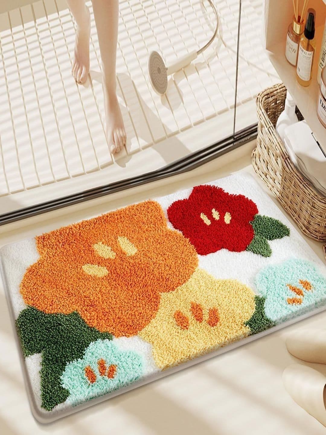 AAZEEM White & Orange Floral Printed Non-Slip Microfibre Bath Rug - view 1