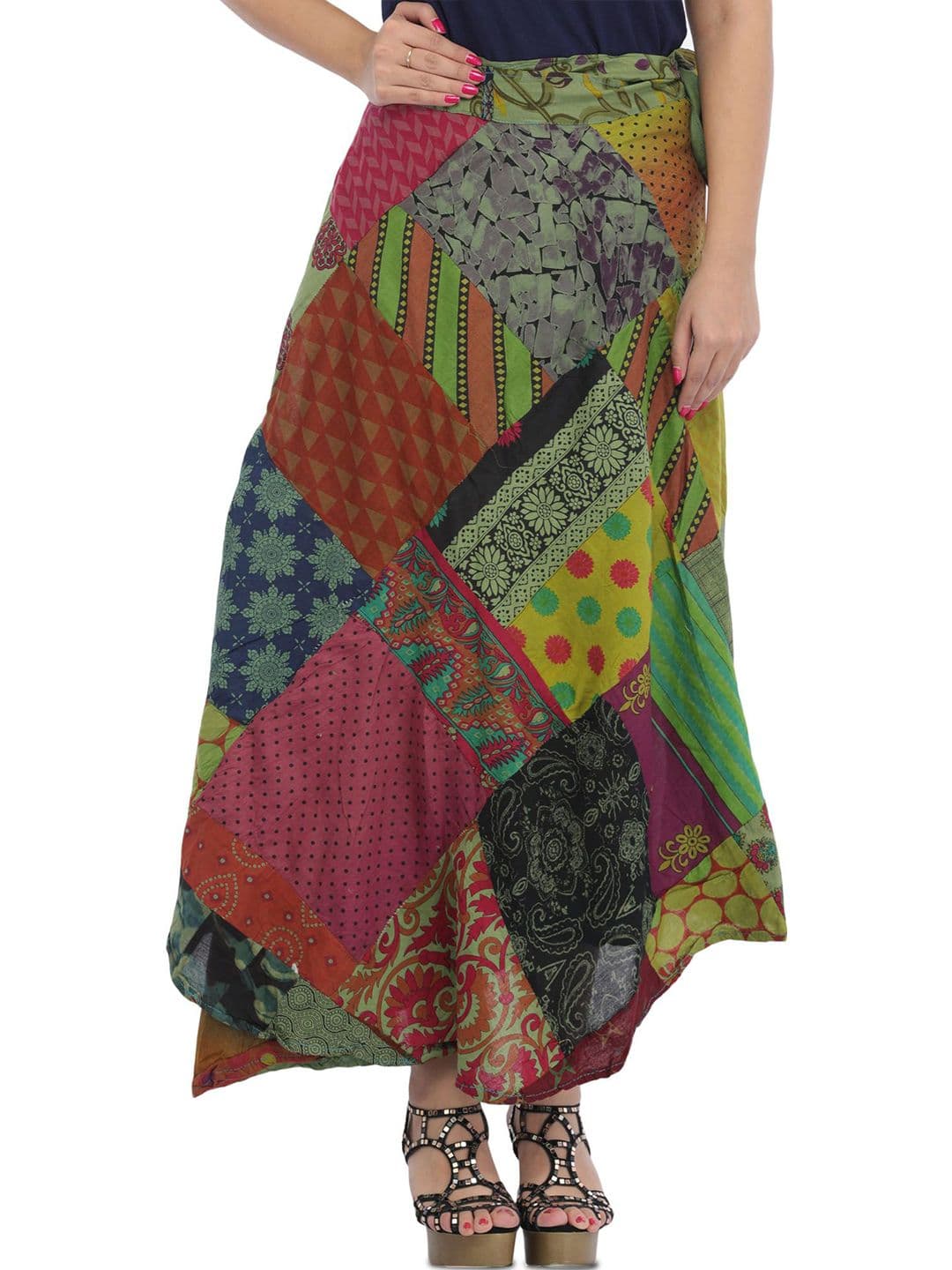 Exotic India Wrap-Around Long Skirt With Printed Patch-work - view 1
