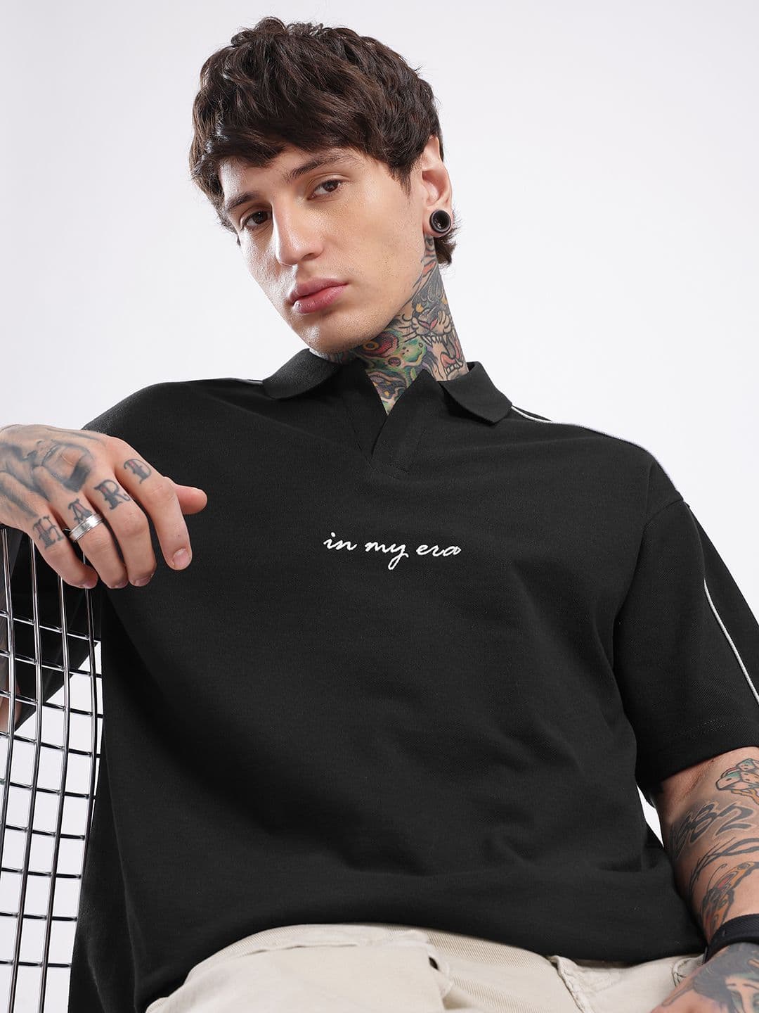 glitchez Solid Polo Collar Drop-Shoulder Sleeves T-shirt - view 1