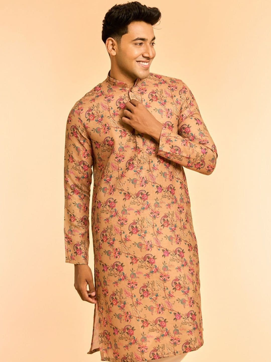 Diwas by Manyavar Floral Printed Mandarin Collar Cotton Straight Kurta - view 1