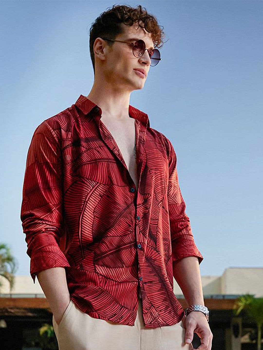 CAHOOT Burnt Sienna Foliage-Outline Self Design Comfort Regular Fit Casual Shirt - view 1