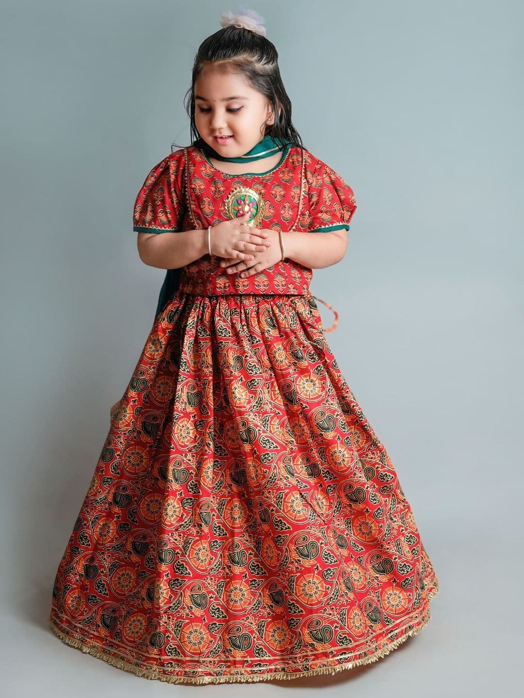Chanda Mama Girls Embellished Mirror Work Ready to Wear Lehenga & Blouse With Dupatta - view 1