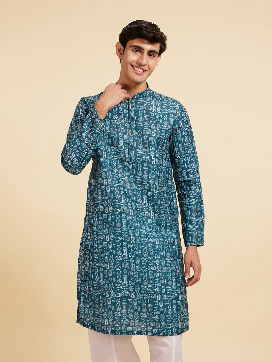 Diwas by Manyavar Geometric Aztec Printed Mandarin Collar Cotton Straight Kurta - view 1
