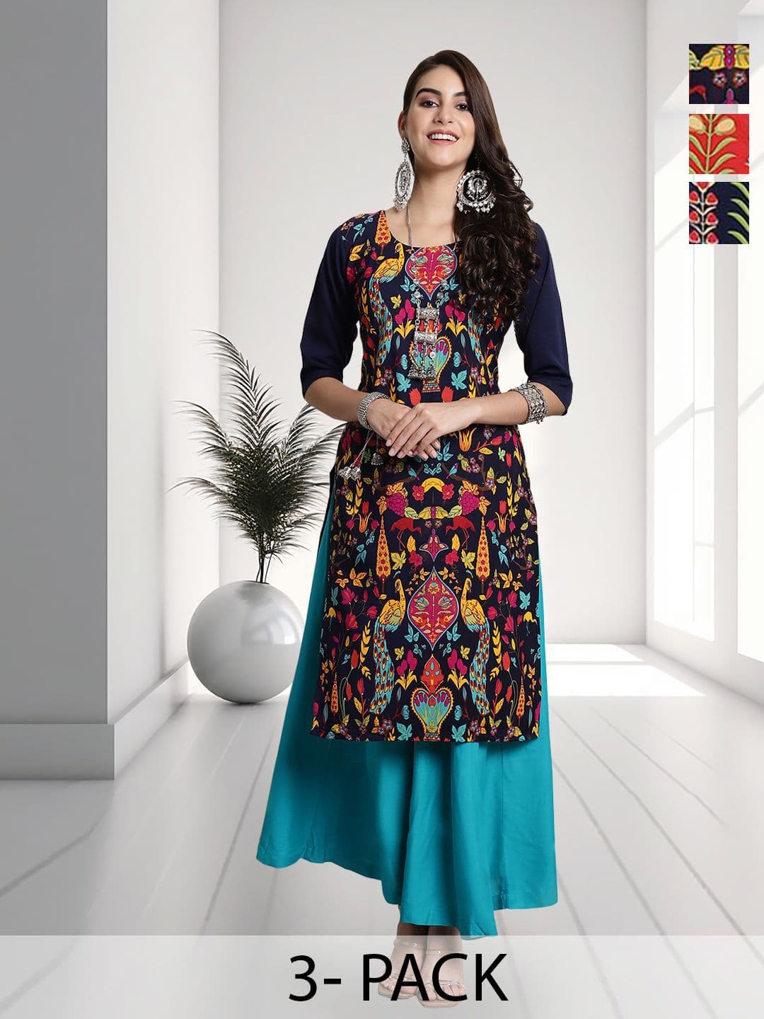 HERE&NOW Selection Of 3 Floral Printed Round Neck Straight Kurtas - view 1
