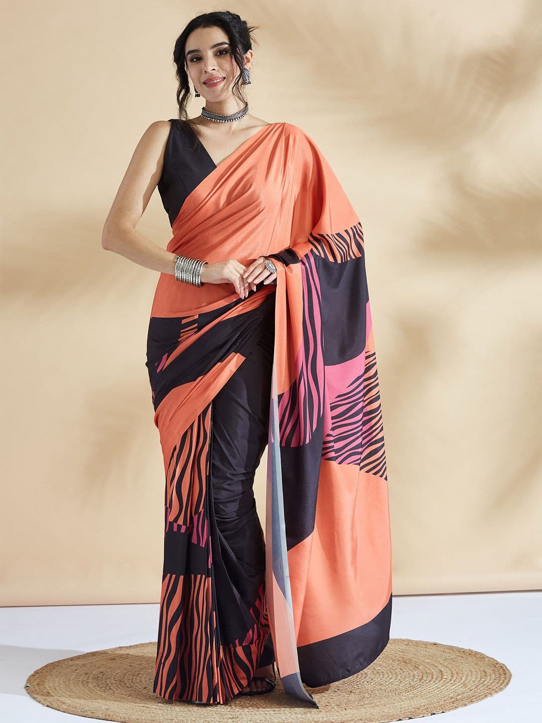 RACHNA Poly Crepe Ready to Wear Block Printed Saree - view 1