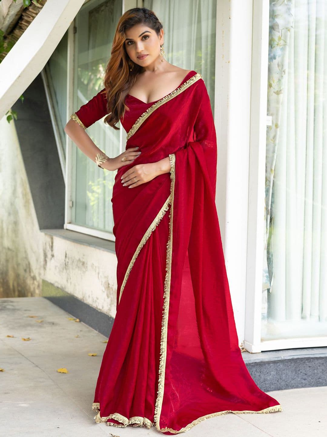 Mitera Satin Embellished Detail Saree with Blouse Piece - view 1