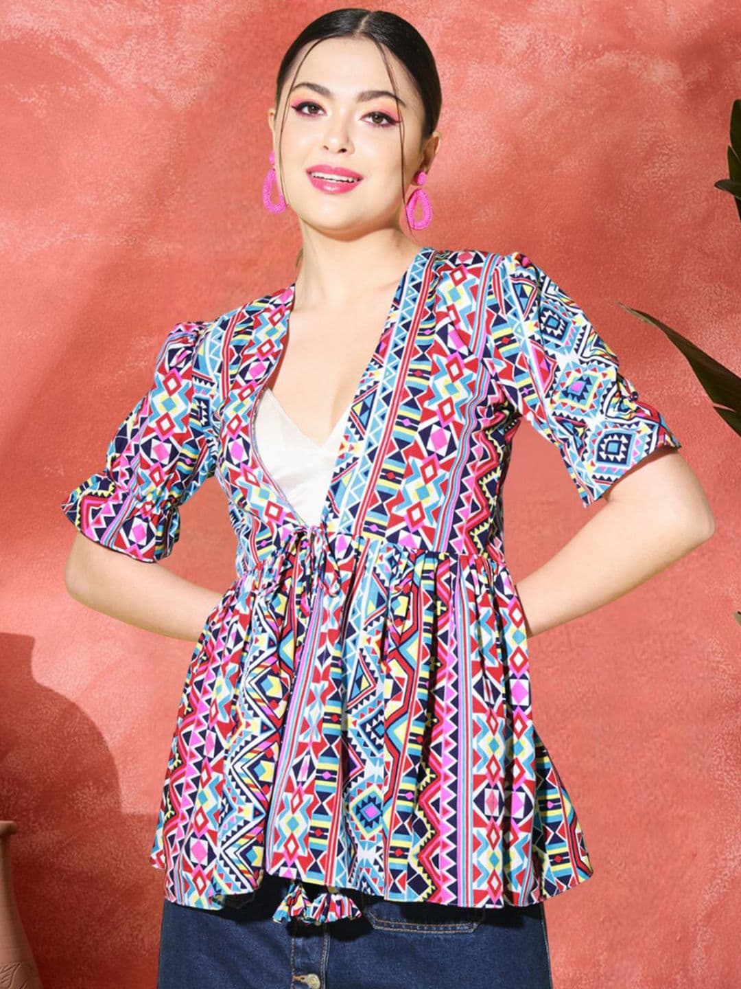 Sangria Ethnic Motifs Printed V-Neck Tie-Up Tunic - view 1