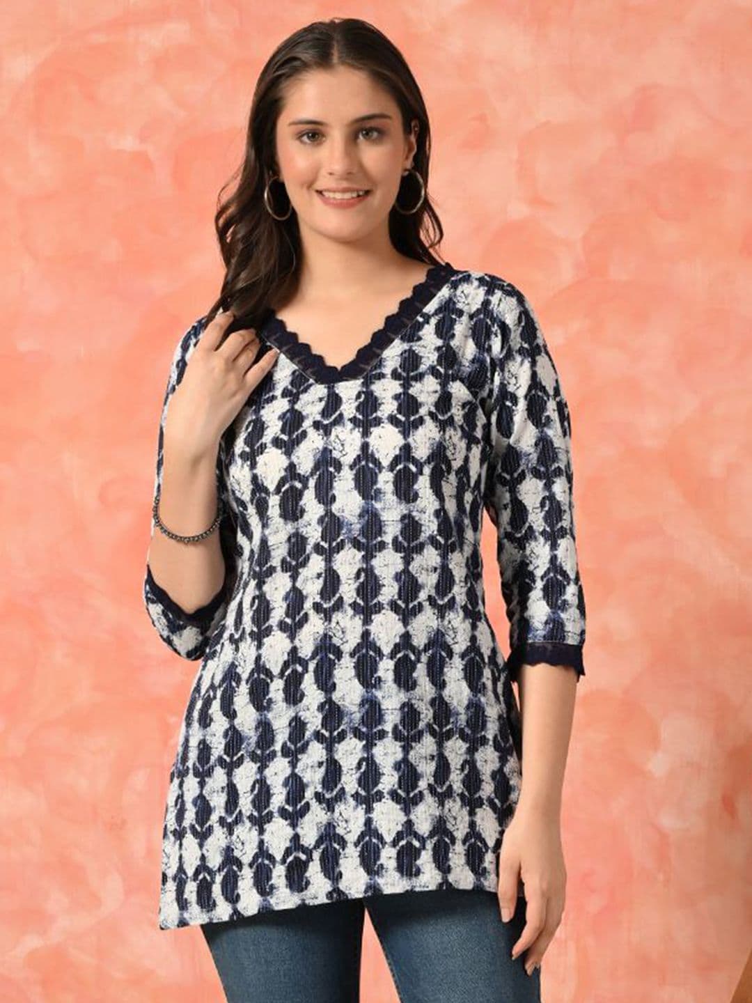 Sangria Paisley Printed Cotton Lace Inserts Tunic - view 1