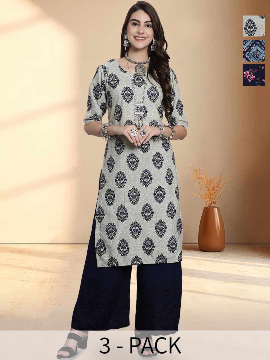HERE&NOW Selection Of 3 Floral Printed Round Neck Straight Kurtas - view 1