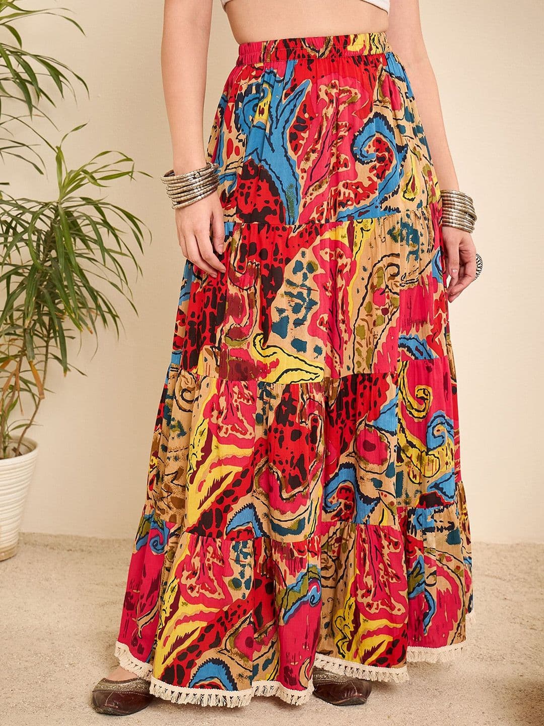 WineRed Abstract Printed Tiered Pure Cotton Maxi Skirt - view 1