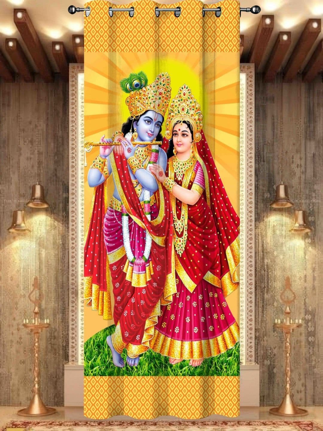 Aura Yellow & Red Religious Printed Door Curtain - view 1
