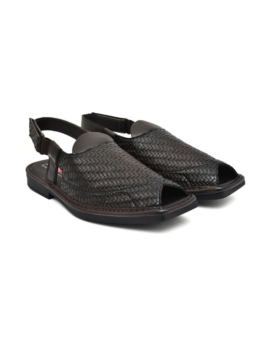 G L Trend Men Brown Leather Textured Velcro Casual Peshwari Sandals - view 1
