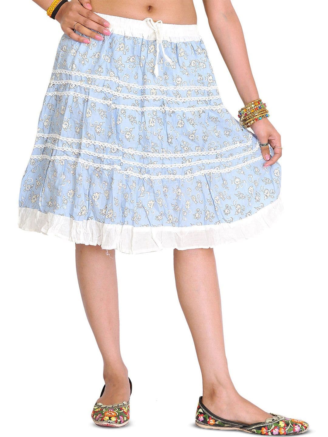 Exotic India Powder-Blue & White Short Skirt With Printed Flowers & Lace - view 1