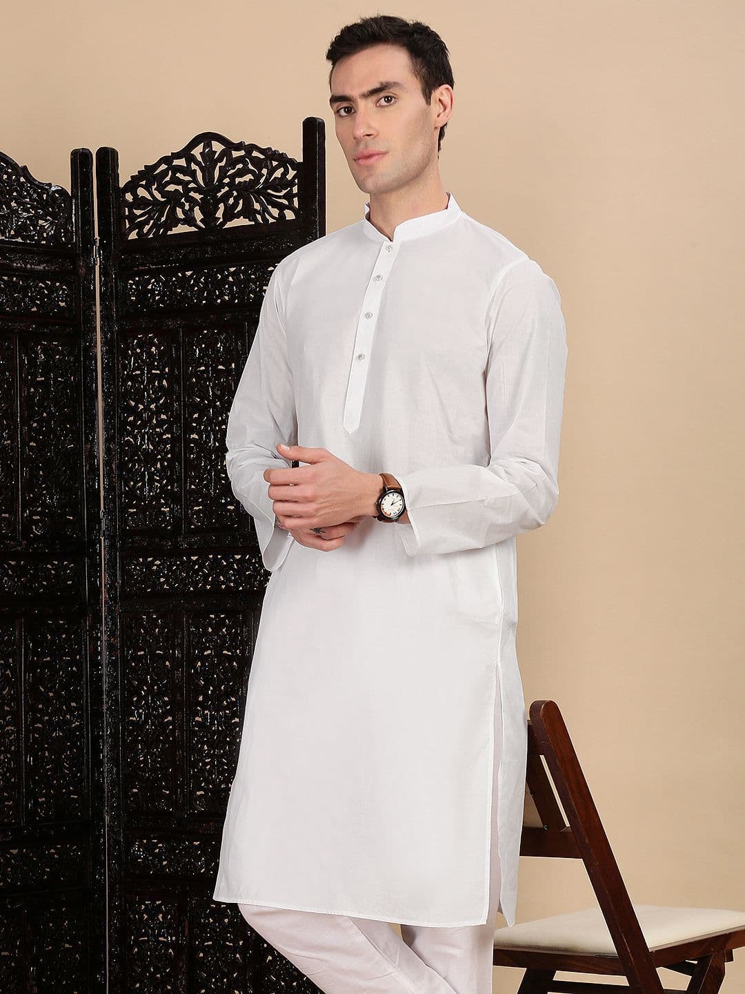 House of Pataudi Men Solid Mandarin Collar Casual Straight Cotton Kurta - view 1