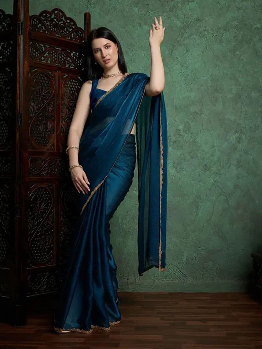 VRAGI Solid Beads and Stones Embellished Pure Chiffon Saree - view 1