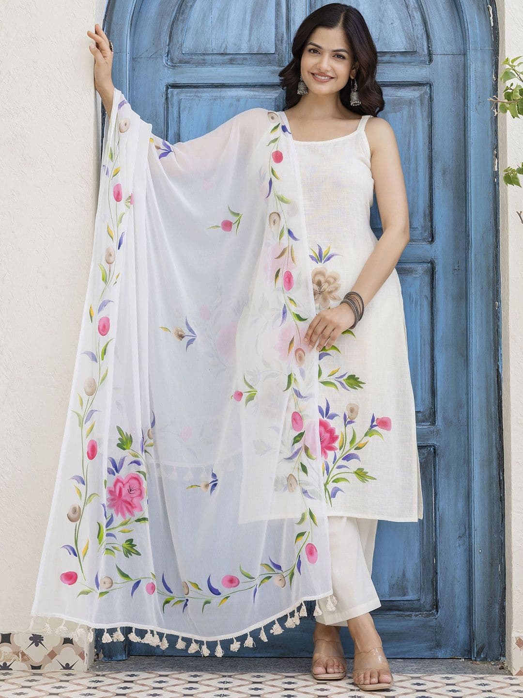 EthniFlair Women Floral Printed Cotton Kurta with Trousers & Dupatta - view 1