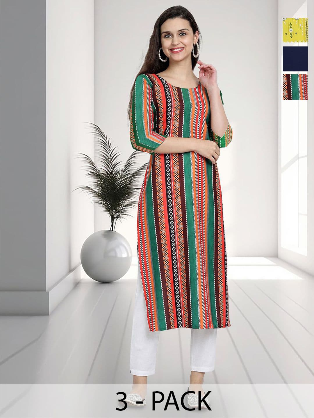 HERE&NOW Selection Of 3 Geometric Printed Round Neck Straight Kurtas - view 1