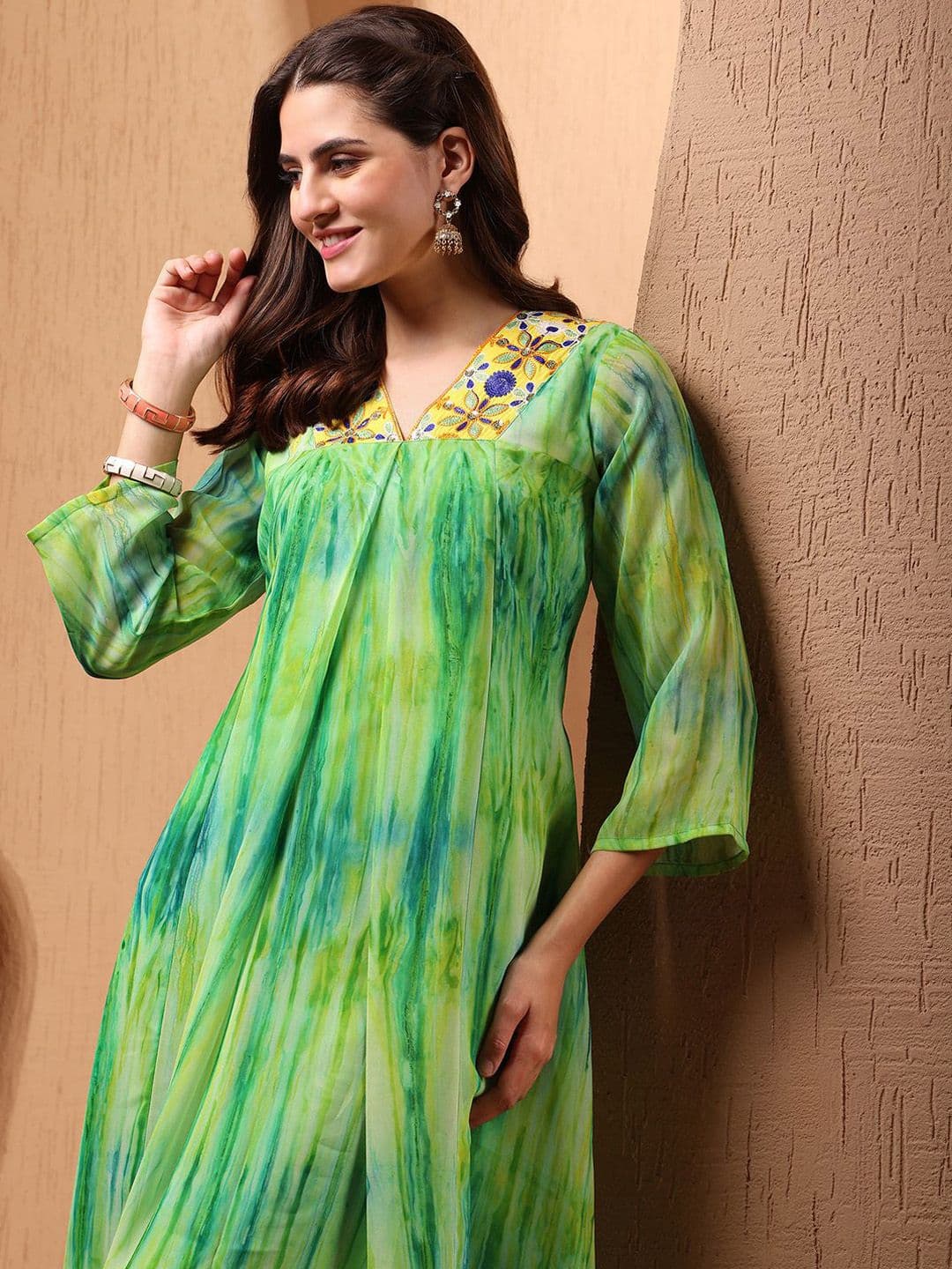 Sangria Women Georgette Tie & Dye and Embroiderey A-line Flared Kurta - view 1