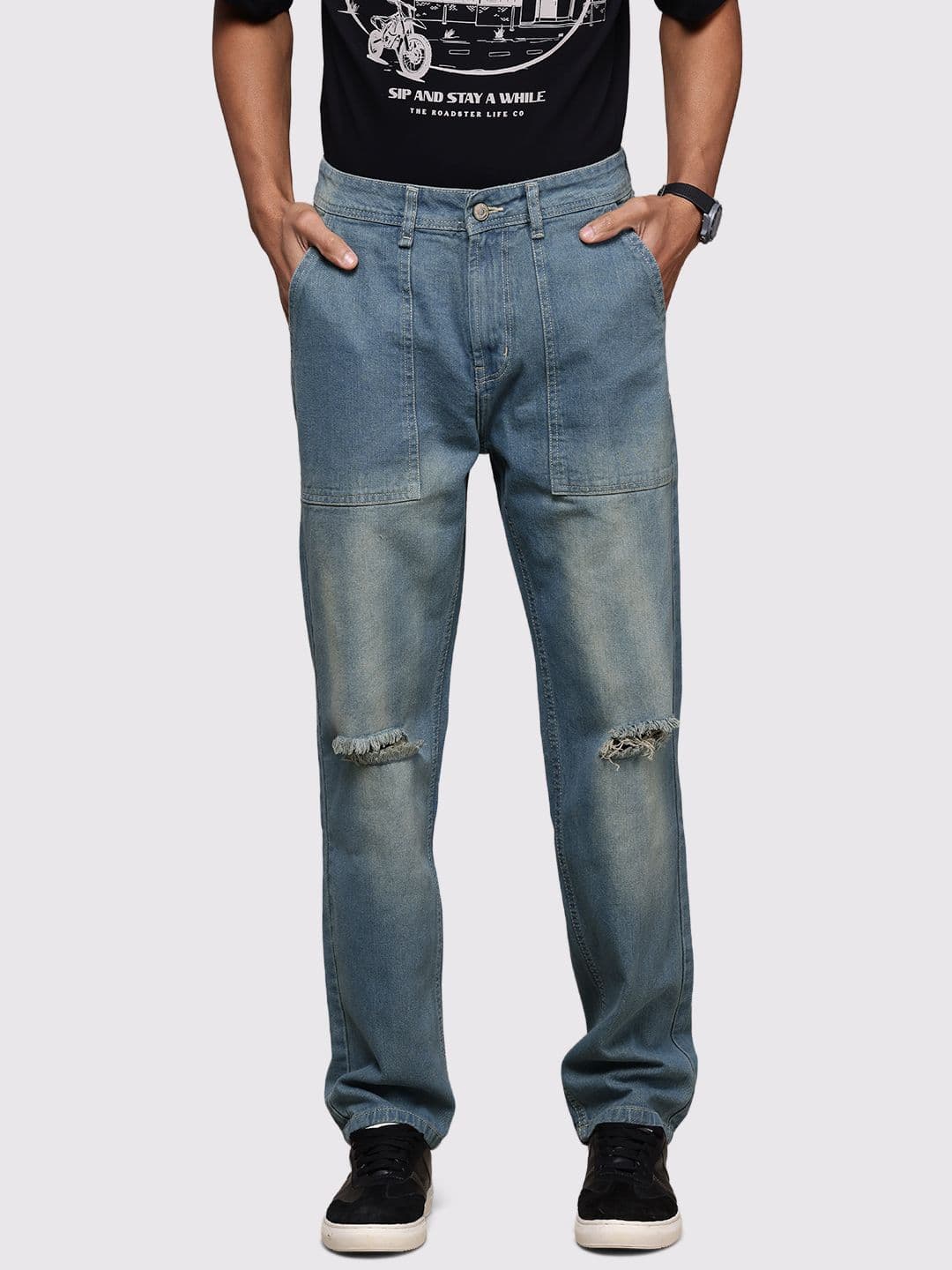 The Roadster Lifestyle Co. Men Relaxed Fit High-Rise Slash Knee Light Fade Jeans - view 1