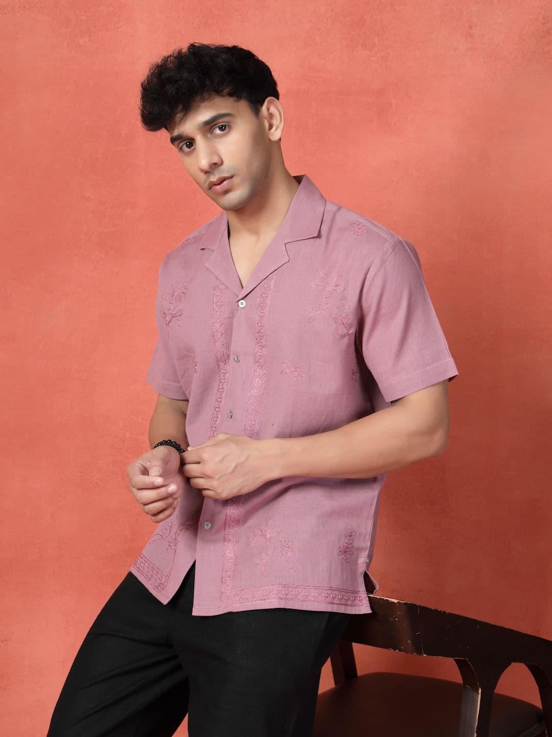 Sangria Embroidered Cotton Cubans Collar Shirt - view 1