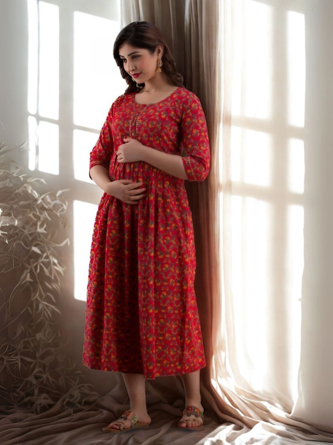 Vaidiki Women Maternity Plus Size Floral Printed Flared Cotton Ethnic Dress - view 1