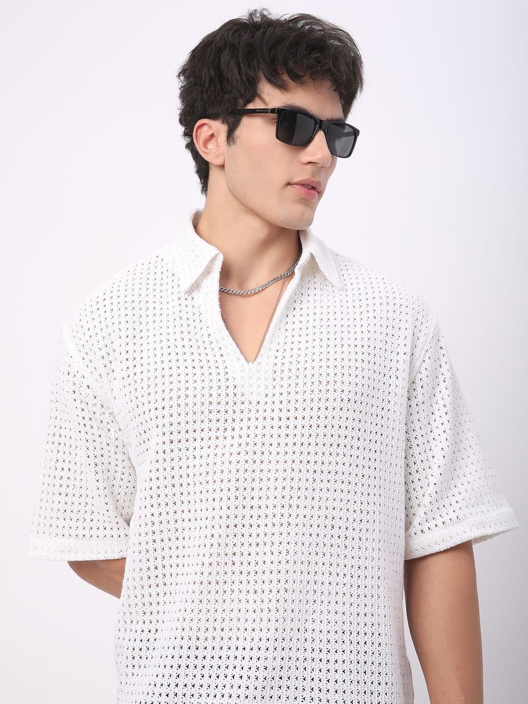 VASTRADO Oversized Classic Crochet Polo Collar Cotton T-Shirt - view 1