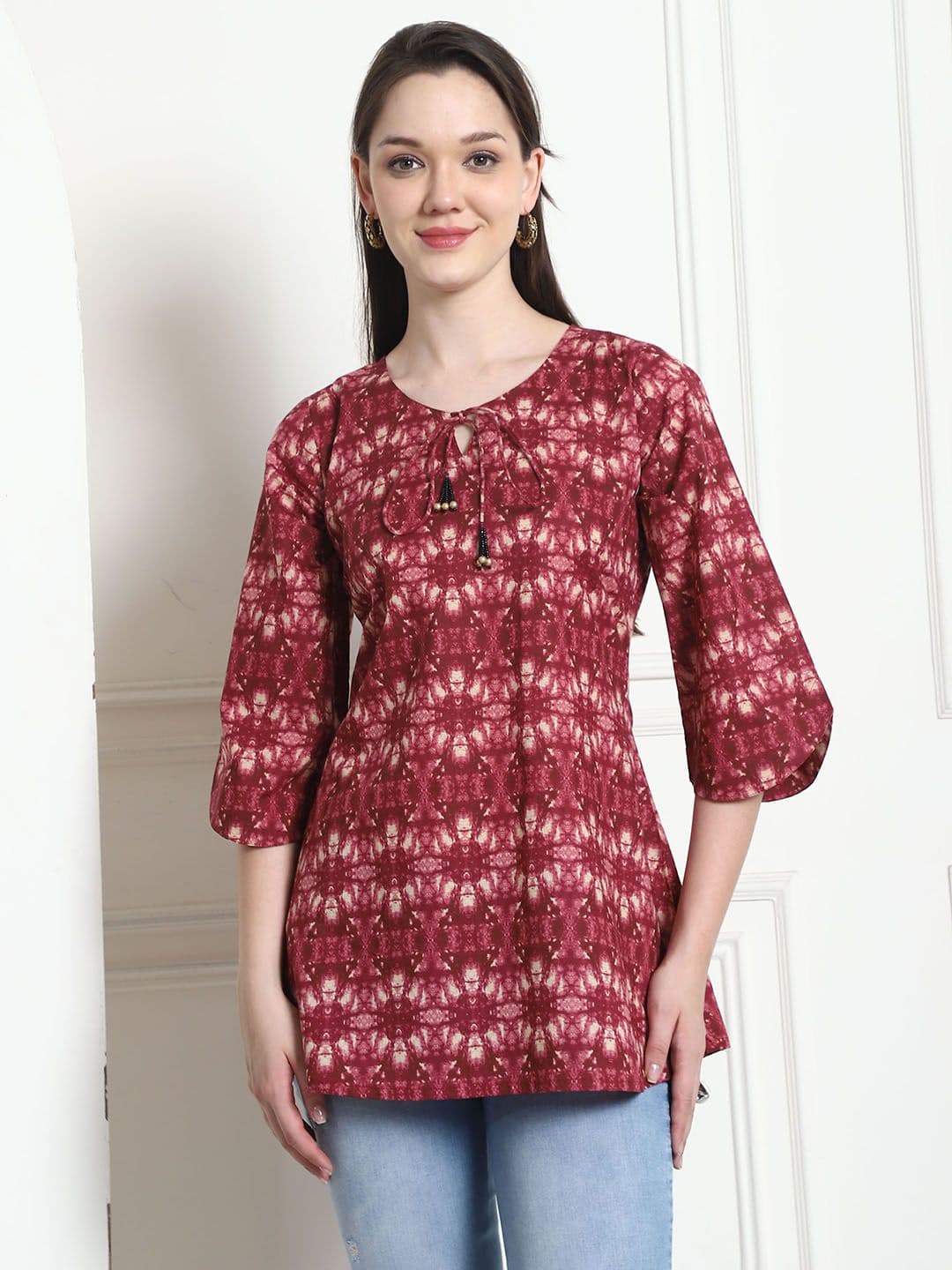 Merira Floral Printed Tie-Up Neck Straight Short Kurta - view 1