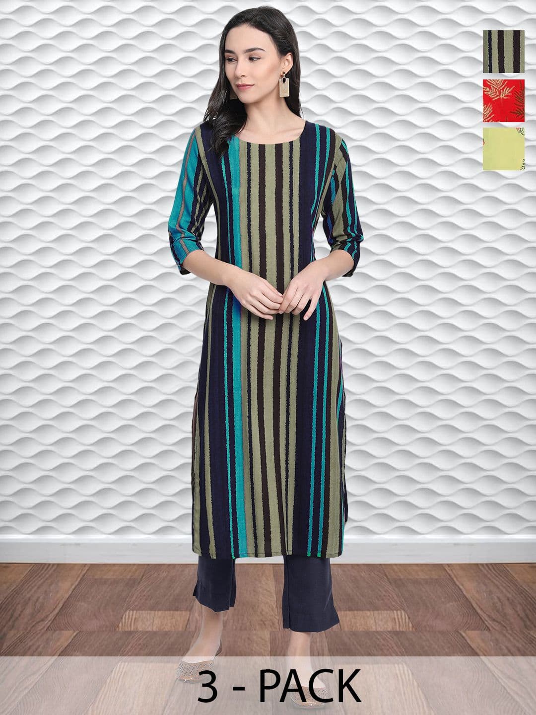 HERE&NOW Selection Of 3 Striped Round Neck Straight Kurtas - view 1