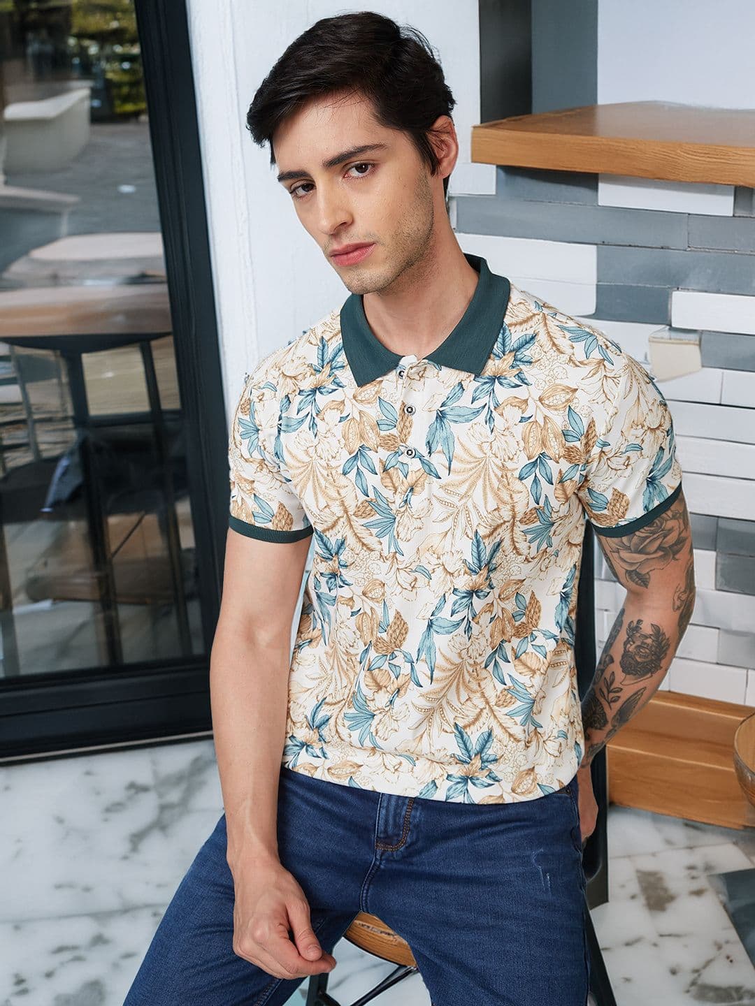 Status Quo Men Floral Printed Polo Collar Regular Fit T-shirt - view 1