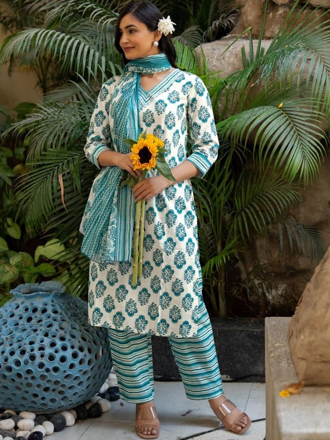 KALINI Women White Pure Cotton Kurta Sets - view 1