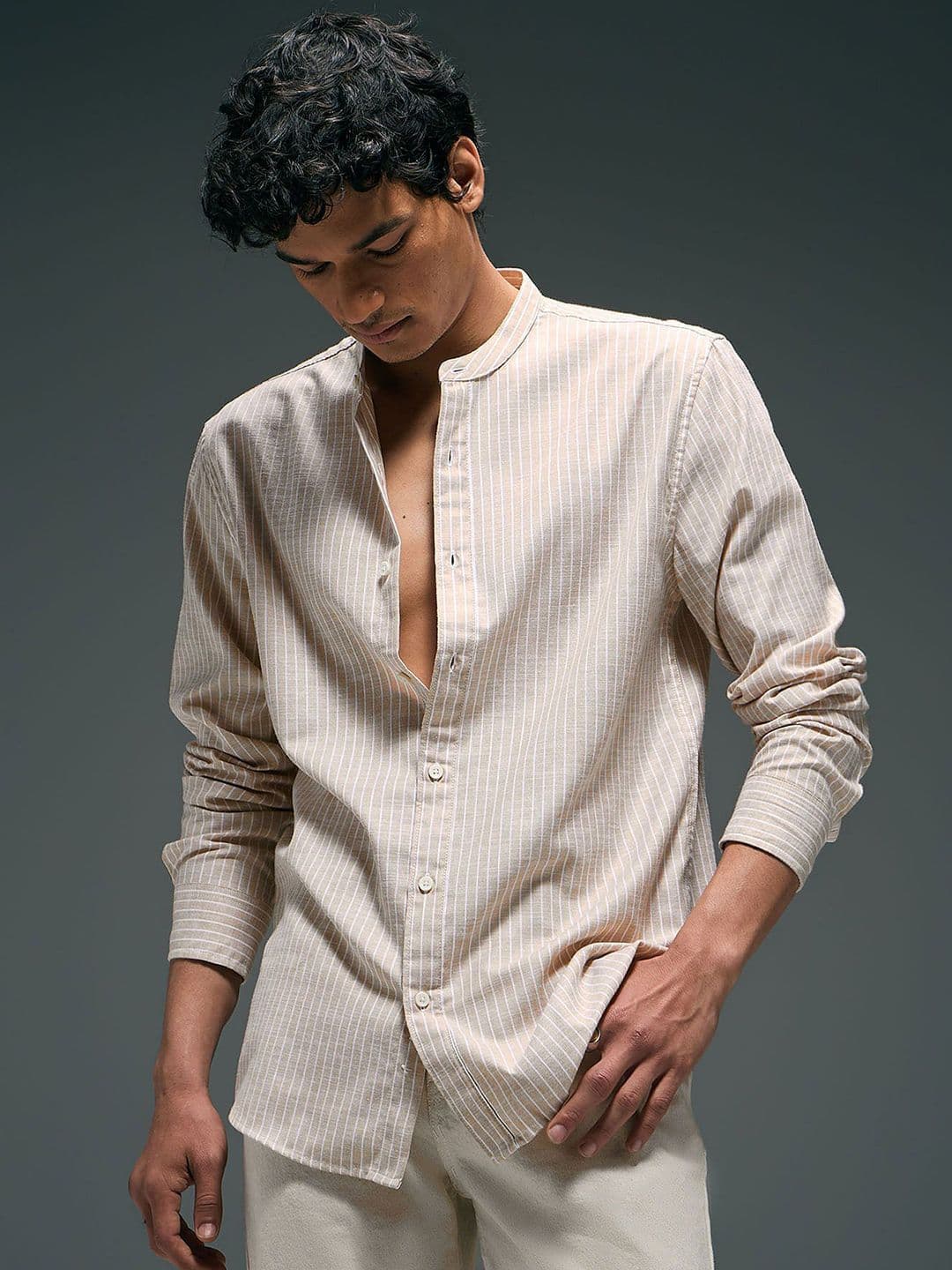Flying Machine Vertical Striped Band Collar Shirt - view 1