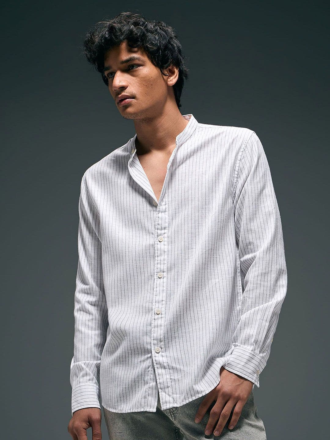 Flying Machine Vertical Striped Band Collar Shirt - view 1