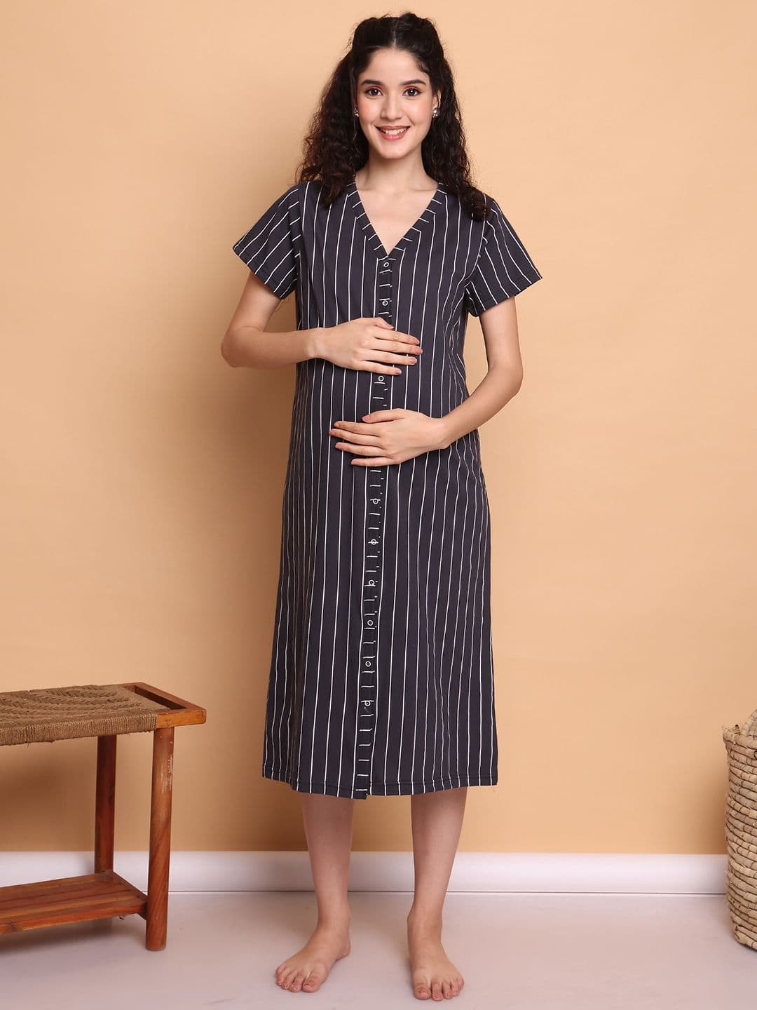 Secret Wish Black Striped Hosiery Zipless Maternity Nighty - view 1