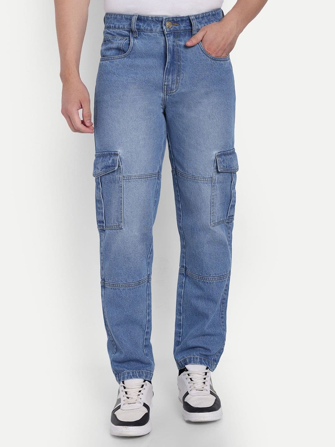 COSMIC Men Cotton Straight Fit Mid-Rise Light Fade Cargo Jeans - view 1