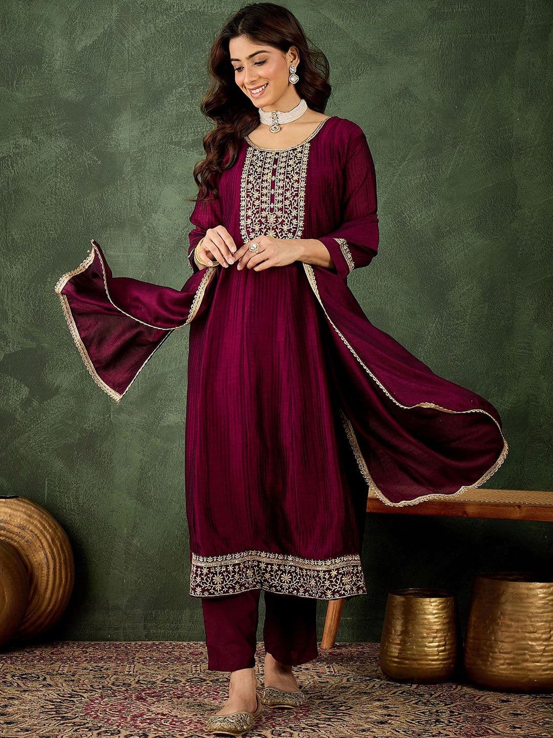 VredeVogel Floral Embroidered Thread Work Kurta With Trousers & Dupatta - view 1