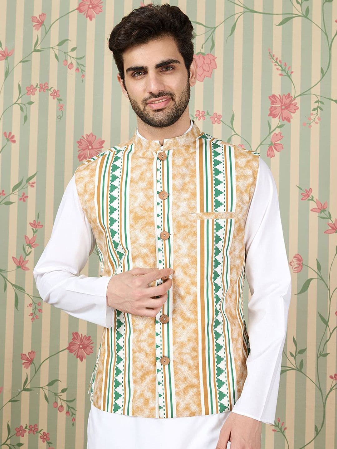 Ode by House of Pataudi Printed Pure Cotton Mandarin Collar Nehru Jacket - view 1