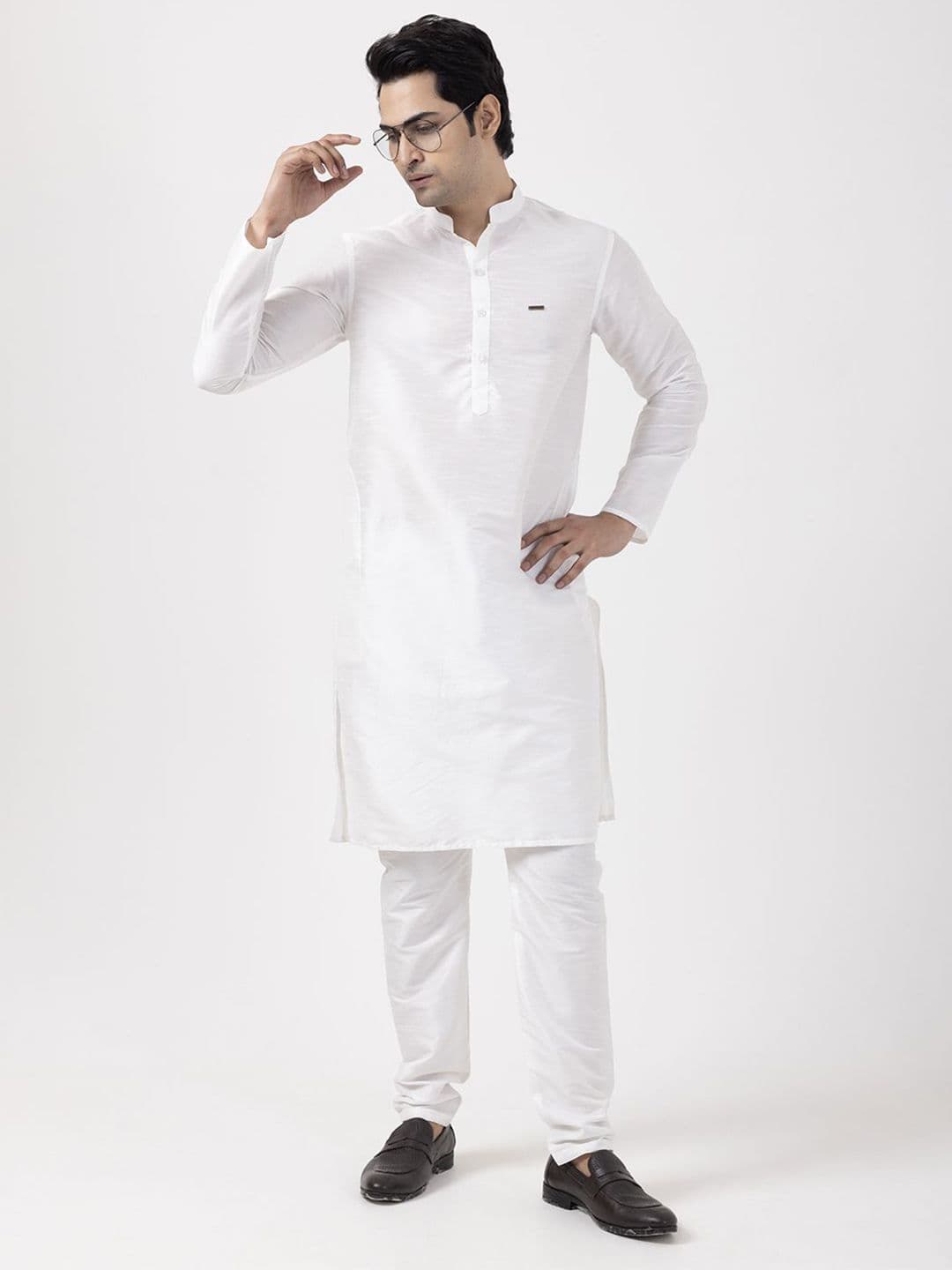 DEVOILER Woven Design Band Collar Dupion Silk Straight Kurta - view 1